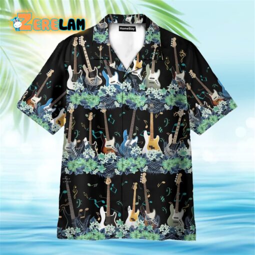 Bass Guitar Tropical Flower Strip Pattern Hawaiian Shirt