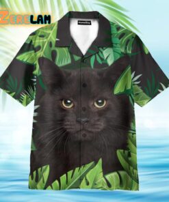 Beach Black Cat In Tropical Green Leaves Hawaiian Shirt