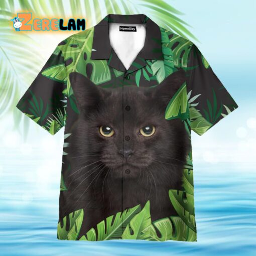 Beach Black Cat In Tropical Green Leaves Hawaiian Shirt