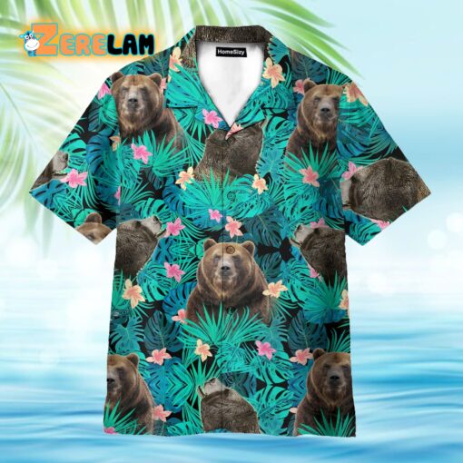 Bear In Tropical Green Leaves Hawaiian Shirt