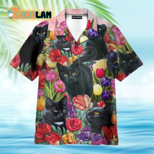 Black Cat Dream And Tulip Garden Hawaiian Shirt