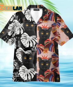 Black Cat Tropical Leaves Pattern Hawaiian Shirt