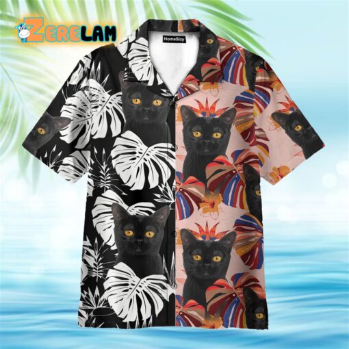 Black Cat Tropical Leaves Pattern Hawaiian Shirt