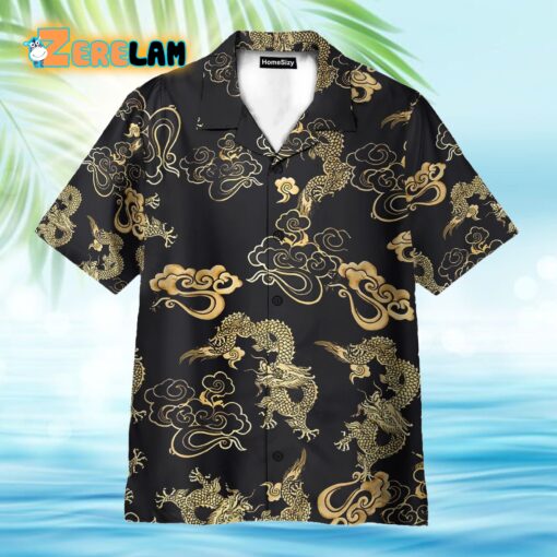 Black Gold Oriental Dragon Japanese Style Hawaiian Shirt
