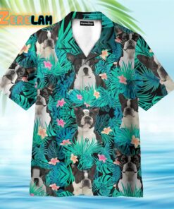 Boston Terrier In Tropical Green Leaves Hawaiian Shirt