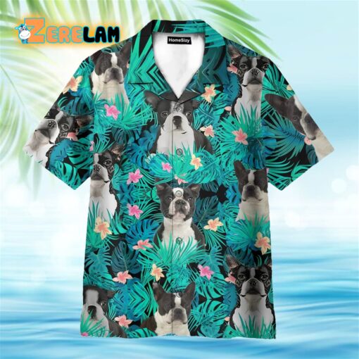 Boston Terrier In Tropical Green Leaves Hawaiian Shirt