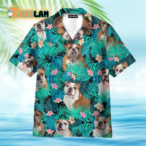 Bulldog In Tropical Green Leaves Hawaiian Shirt