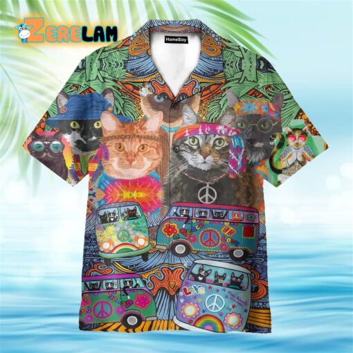 Colorful Hippie Van And Cat Hawaiian Shirt