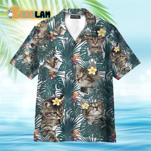 Cute Little Cat Tropical Leaves Pattern Hawaiian Shirt