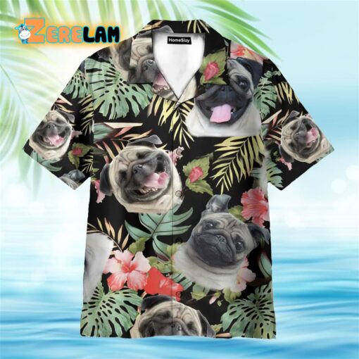 Cute Pug In Tropical Green Leaves Hawaiian Shirt