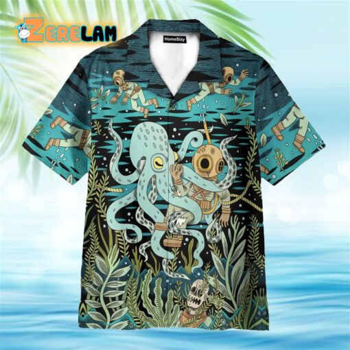 Diver Fighting With Octopus Dark Ocean Pattern Hawaiian Shirt