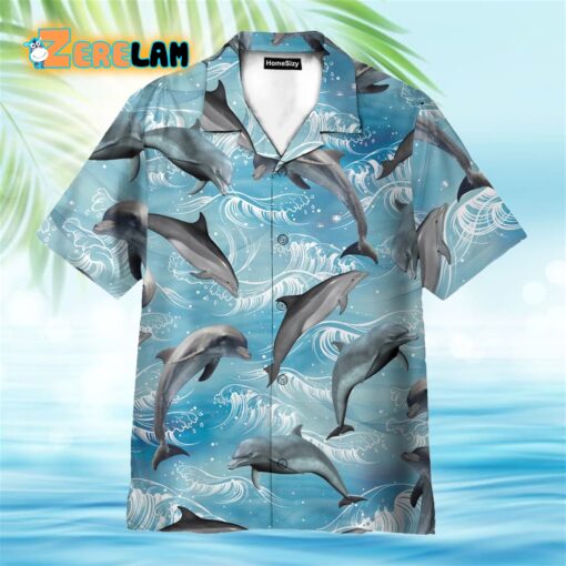 Dolphin Wave Water Blue Beach Pattern Hawaiian Shirt