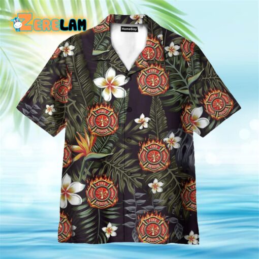 Firefighter Tropical Leaves Pattern Hawaiian Shirt