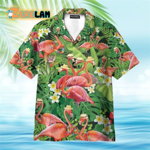 Flamingo In Tropical Green Leaves Hawaiian Shirt