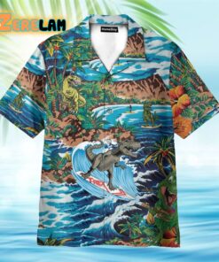 Funny Dinosaur Surfing On Tropical Island Hawaiian Shirt