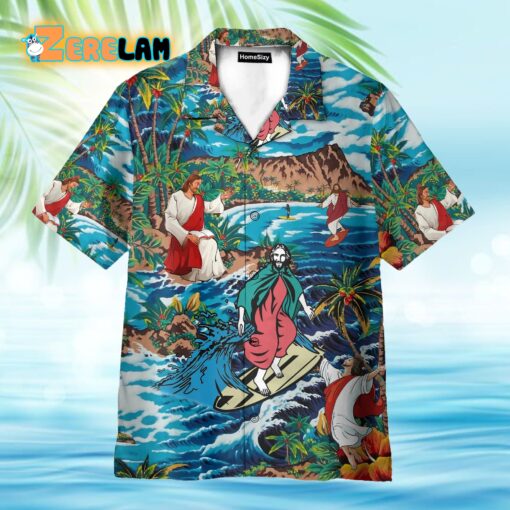 Funny Jesus Surfing On Island Hawaiian Shirt