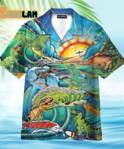 Funny T-rex Dinosaur Surfing Hawaiian Shirt