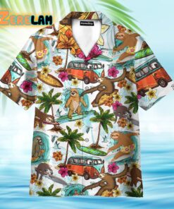 Hippie Camping Sloth Surfing Summer Beach Hawaiian Shirt