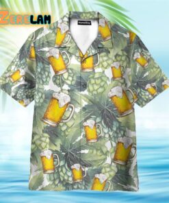 Hops And Craft Beer In Tropical Green Leaves Hawaiian Shirt