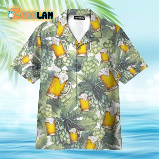 Hops And Craft Beer In Tropical Green Leaves Hawaiian Shirt