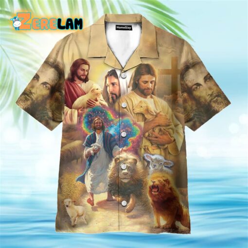 Jesus Lion Lamb Galaxy Vintage Art Hawaiian Shirt