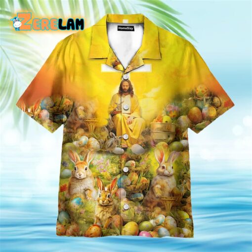 Jesus Seated On A Couch With Easter Rabbit And Eggs Hawaiian Shirt