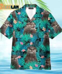 Otter In Tropical Green Leaves Hawaiian Shirt