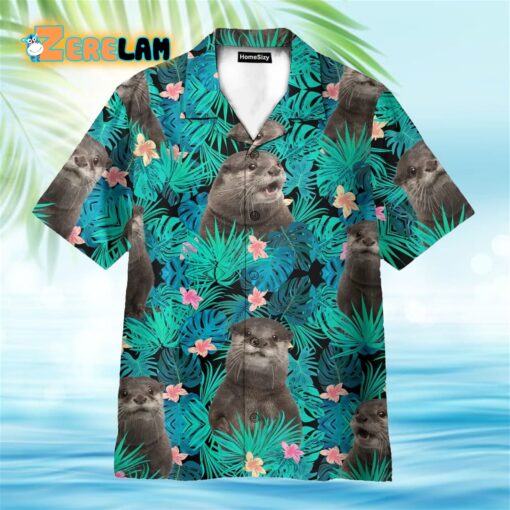 Otter In Tropical Green Leaves Hawaiian Shirt