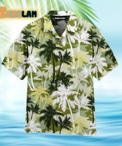 Palm Tree Silhouettes On Camouflage Pattern White And Gray Hawaiian Shirt