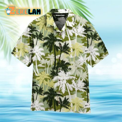 Palm Tree Silhouettes On Camouflage Pattern White And Gray Hawaiian Shirt