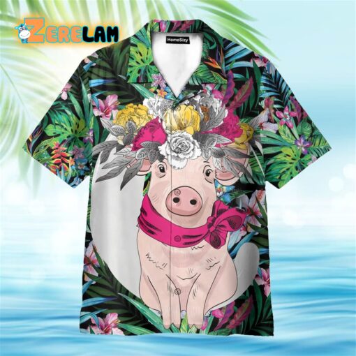 Pig With Flower Hair Wreath Tropical Pattern Hawaiian Shirt