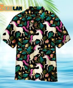 Pink Unicorn Floral Tropical Black Aloha Hawaiian Shirt