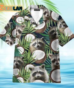 Raccoon With Coconut In Tropical Green Leaves Hawaiian Shirt