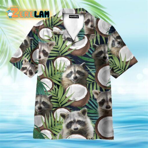 Raccoon With Coconut In Tropical Green Leaves Hawaiian Shirt