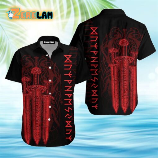 Red Viking Sword Black Aloha Hawaiian Shirt