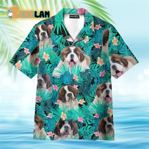 Saint Bernard In Tropical Green Leaves Hawaiian Shirt