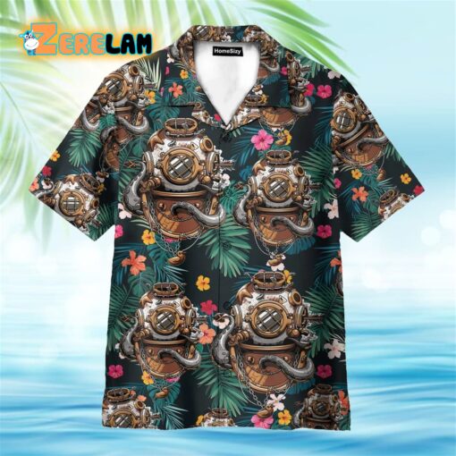 Scuba Diving Helmet Tropical Leaves Pattern Hawaiian Shirt