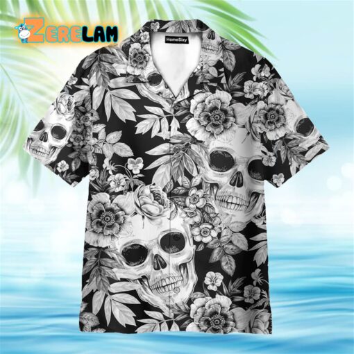 Skull And Flowers Black And White Hawaiian Shirt