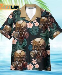 Skull Wearing Gas Mask Tropical Leaves Pattern Hawaiian Shirt