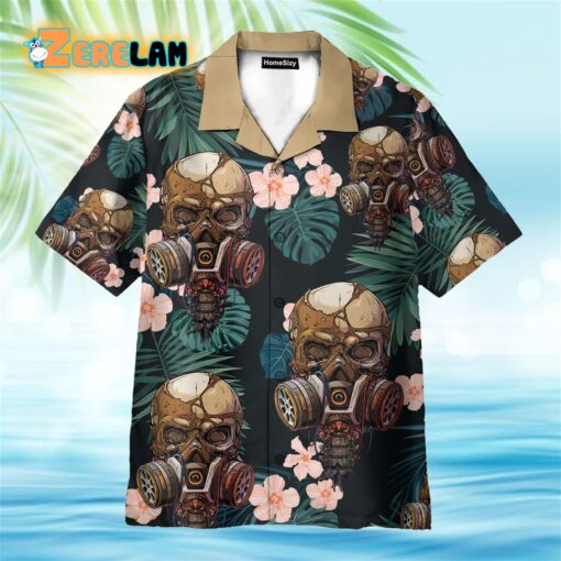 Skull Wearing Gas Mask Tropical Leaves Pattern Hawaiian Shirt