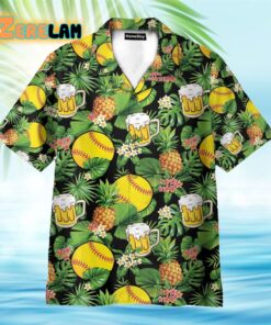 Softball And Beer In Tropical Green Leaves Hawaiian Shirt