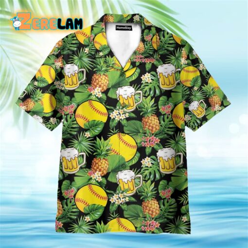 Softball And Beer In Tropical Green Leaves Hawaiian Shirt
