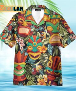 Tiki Head Tropical Leaves Pattern Hawaiian Shirt