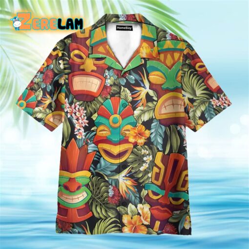 Tiki Head Tropical Leaves Pattern Hawaiian Shirt