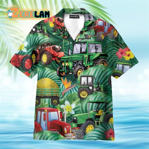 Tractor Tropical Tropical Green Leaf Forest Pattern Hawaiian Shirt