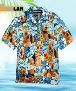 Airedale Terrier Dogs Love Beach Floral Pattern Blue Hawaiian Shirt