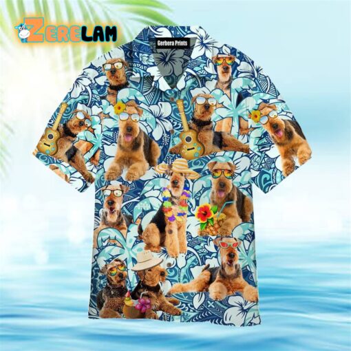 Airedale Terrier Dogs Love Beach Floral Pattern Blue Hawaiian Shirt