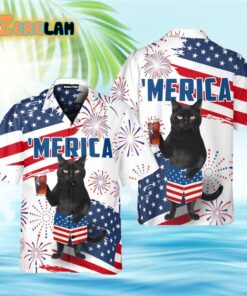 Black Cat American Flag Hawaiian Shirt
