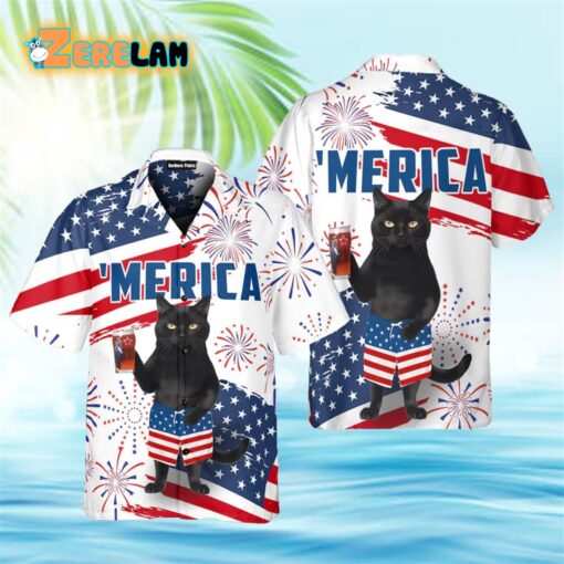 Black Cat American Flag Hawaiian Shirt