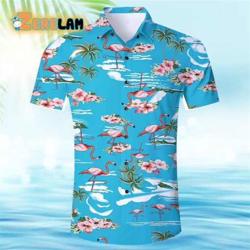 Blue Palm Tree Flamingos Hawaiian Shirt